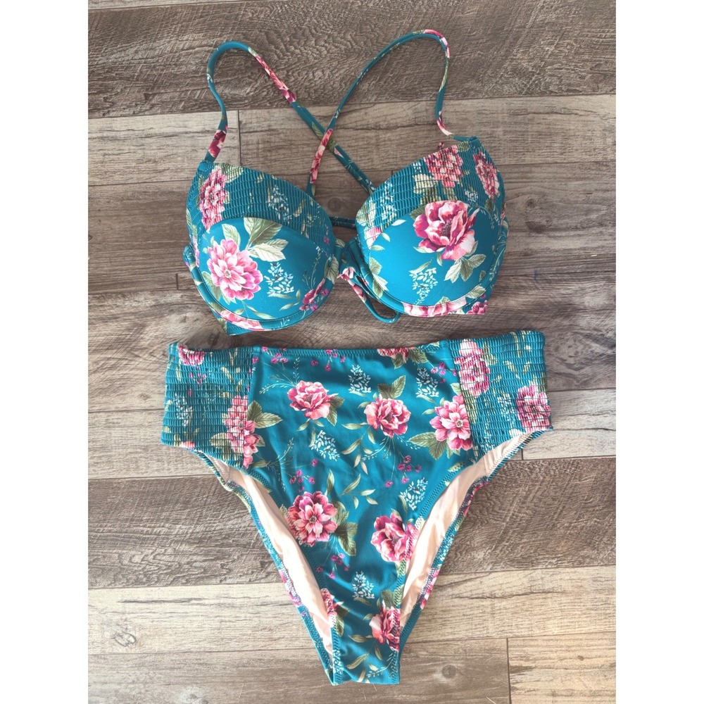 Shade & Shore Bikini Set 34C/M Floral High Waist Smocked Tropical Beachwear Boho